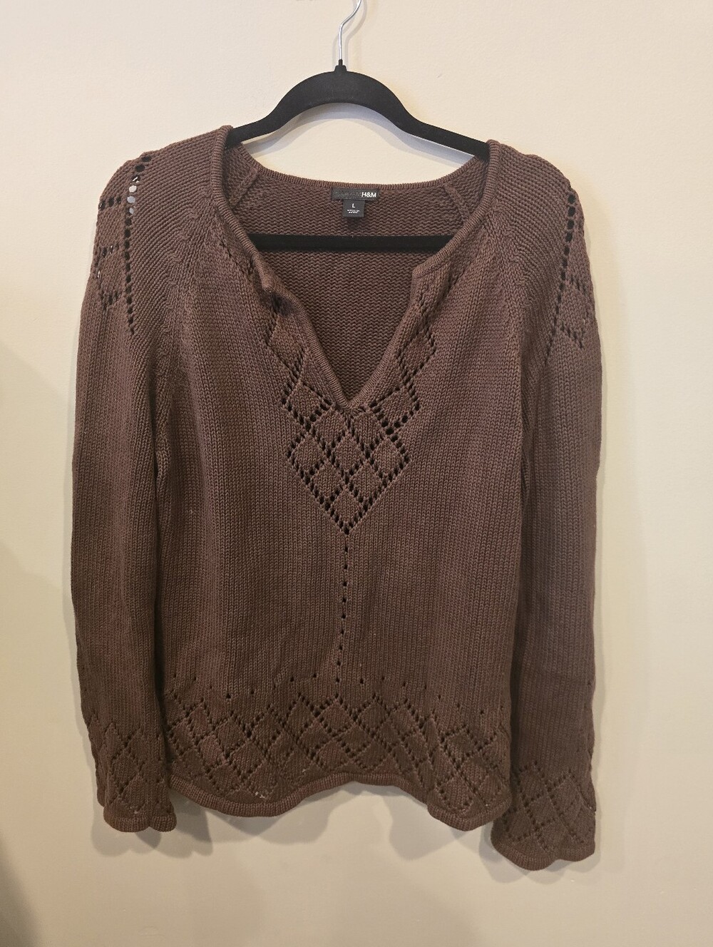 H&M Brown Open-Knit V-Neck Sweater Y2k
